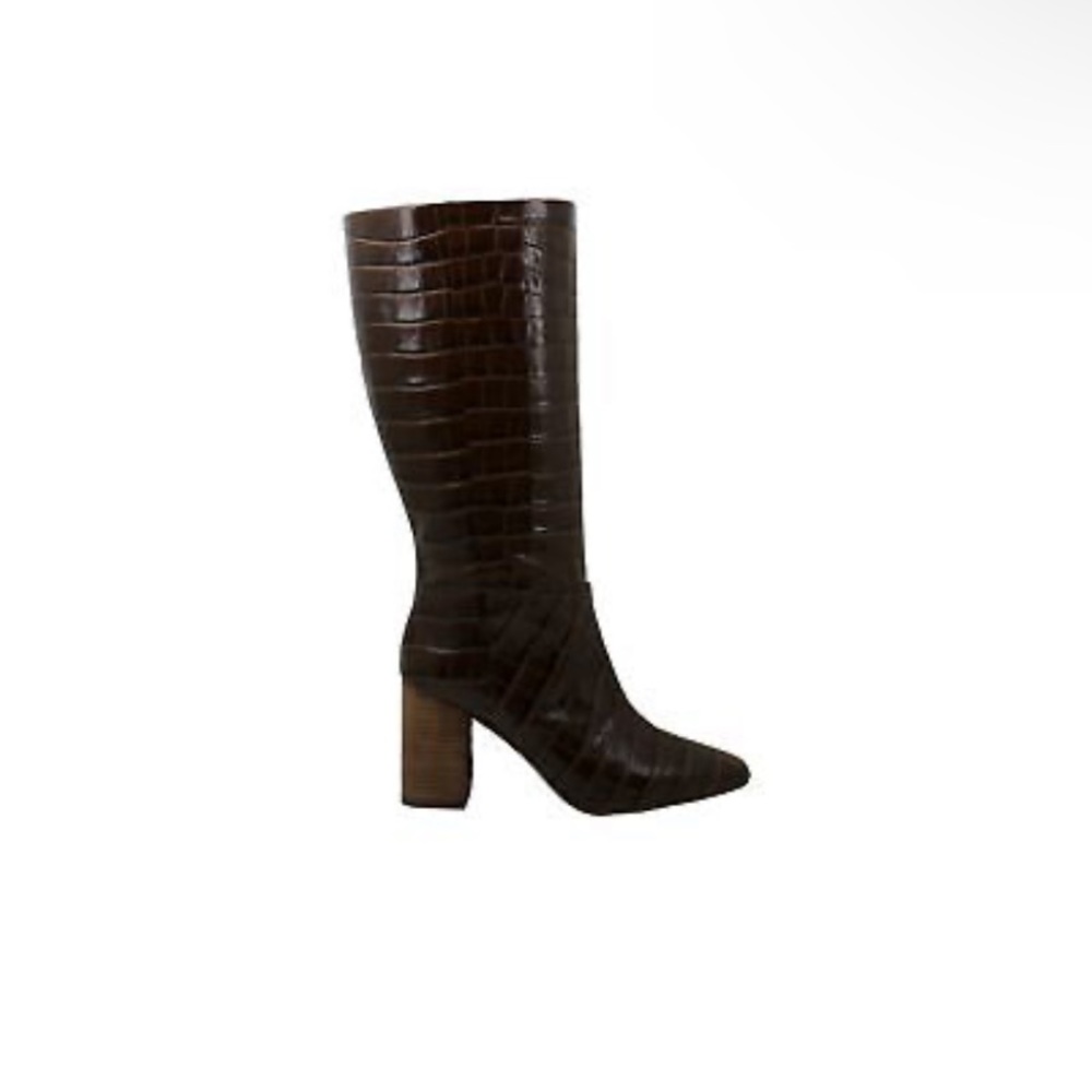 Brown Leather Square Toe Knee High Boots